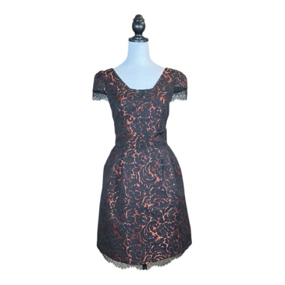 Nanette Lepore Black & Red Floral Jacquard Lace Detail Short Sleeve Dress 10 - Picture 3 of 12